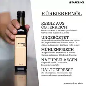 Kürbiskernöl Etikett von der Firma Starkes Öl E.U.